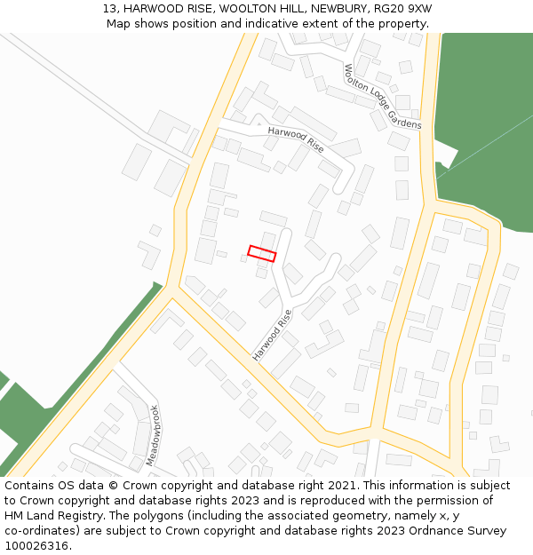 13, HARWOOD RISE, WOOLTON HILL, NEWBURY, RG20 9XW: Location map and indicative extent of plot