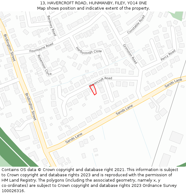 13, HAVERCROFT ROAD, HUNMANBY, FILEY, YO14 0NE: Location map and indicative extent of plot