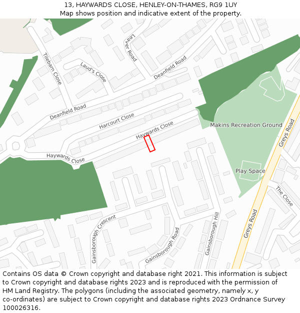 13, HAYWARDS CLOSE, HENLEY-ON-THAMES, RG9 1UY: Location map and indicative extent of plot