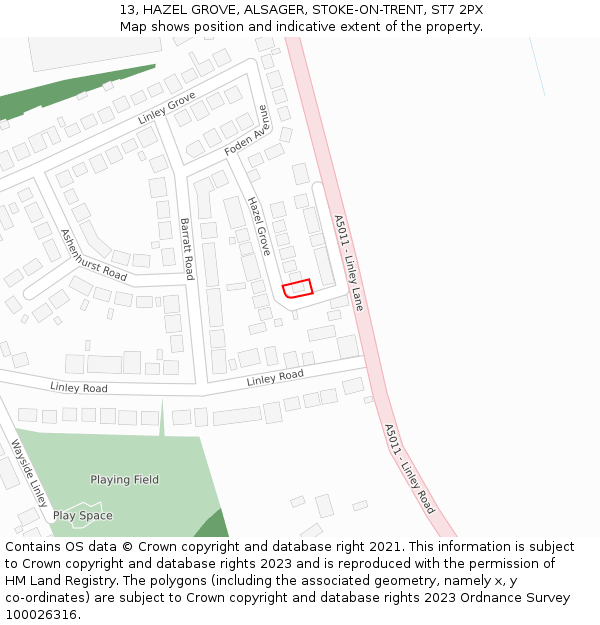 13, HAZEL GROVE, ALSAGER, STOKE-ON-TRENT, ST7 2PX: Location map and indicative extent of plot