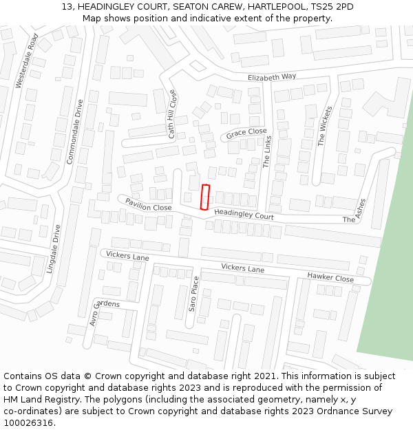 13, HEADINGLEY COURT, SEATON CAREW, HARTLEPOOL, TS25 2PD: Location map and indicative extent of plot