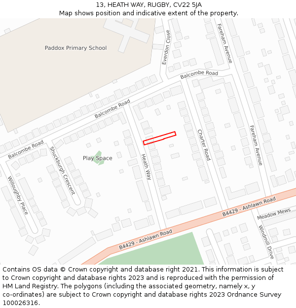 13, HEATH WAY, RUGBY, CV22 5JA: Location map and indicative extent of plot