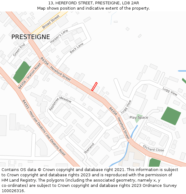 13, HEREFORD STREET, PRESTEIGNE, LD8 2AR: Location map and indicative extent of plot