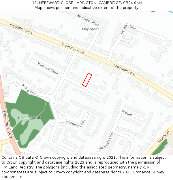 13, HEREWARD CLOSE, IMPINGTON, CAMBRIDGE, CB24 9NH: Location map and indicative extent of plot