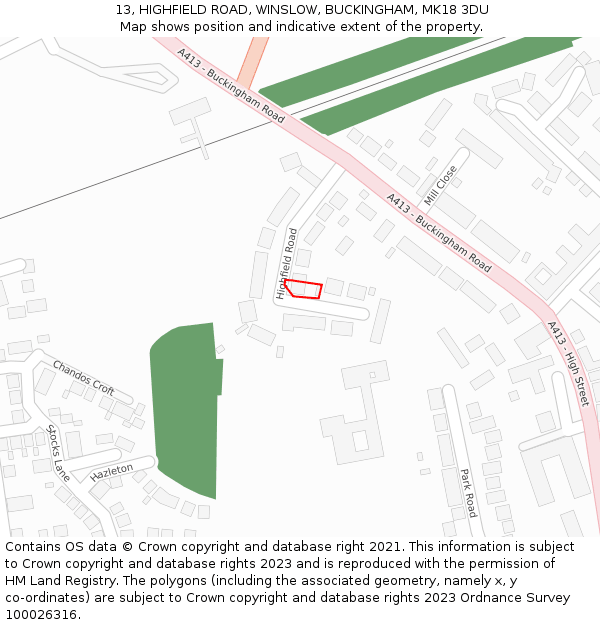 13, HIGHFIELD ROAD, WINSLOW, BUCKINGHAM, MK18 3DU: Location map and indicative extent of plot