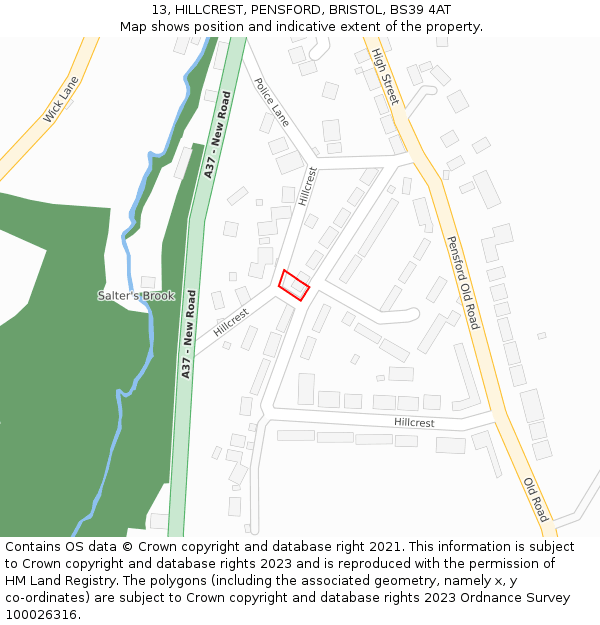 13, HILLCREST, PENSFORD, BRISTOL, BS39 4AT: Location map and indicative extent of plot