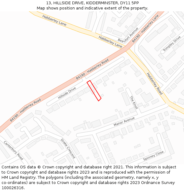 13, HILLSIDE DRIVE, KIDDERMINSTER, DY11 5PP: Location map and indicative extent of plot