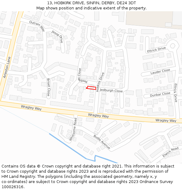 13, HOBKIRK DRIVE, SINFIN, DERBY, DE24 3DT: Location map and indicative extent of plot