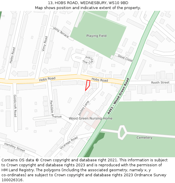 13, HOBS ROAD, WEDNESBURY, WS10 9BD: Location map and indicative extent of plot