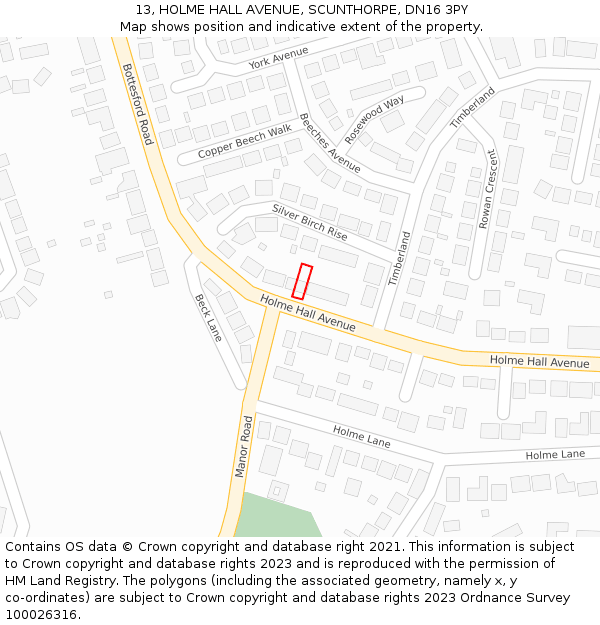 13, HOLME HALL AVENUE, SCUNTHORPE, DN16 3PY: Location map and indicative extent of plot