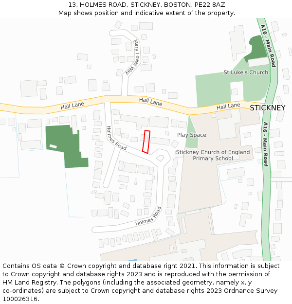 13, HOLMES ROAD, STICKNEY, BOSTON, PE22 8AZ: Location map and indicative extent of plot