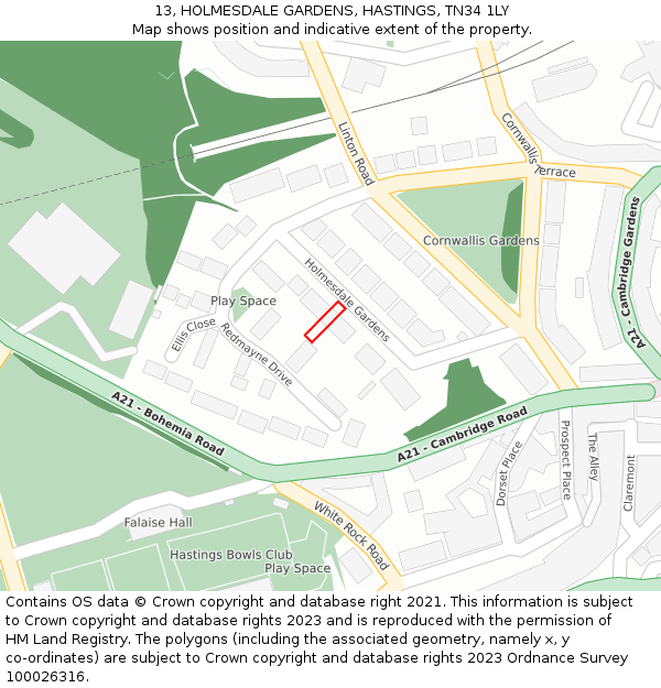 13, HOLMESDALE GARDENS, HASTINGS, TN34 1LY: Location map and indicative extent of plot
