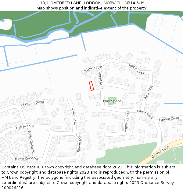 13, HOMEBRED LANE, LODDON, NORWICH, NR14 6UY: Location map and indicative extent of plot