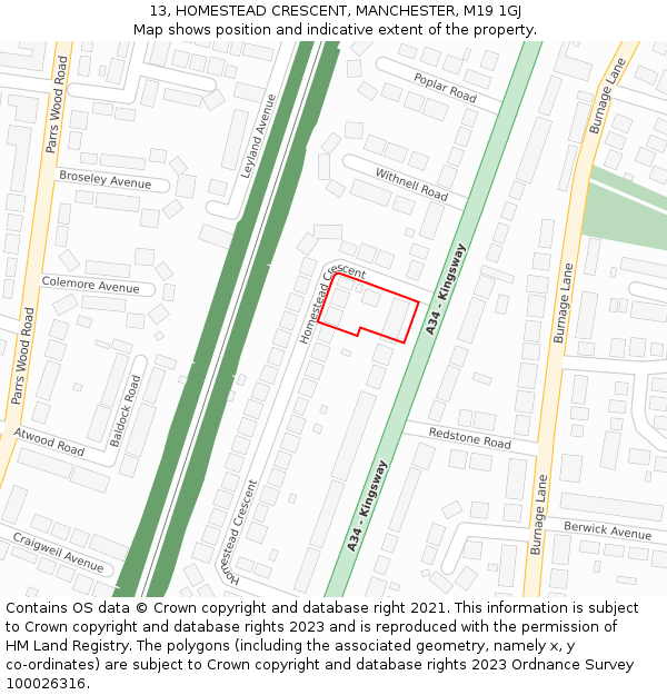 13, HOMESTEAD CRESCENT, MANCHESTER, M19 1GJ: Location map and indicative extent of plot