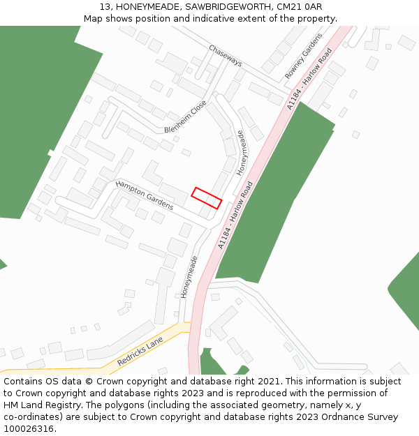 13, HONEYMEADE, SAWBRIDGEWORTH, CM21 0AR: Location map and indicative extent of plot