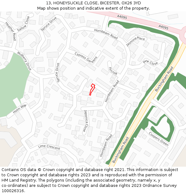 13, HONEYSUCKLE CLOSE, BICESTER, OX26 3YD: Location map and indicative extent of plot