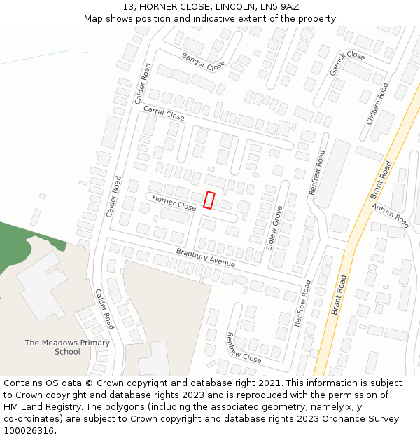 13, HORNER CLOSE, LINCOLN, LN5 9AZ: Location map and indicative extent of plot