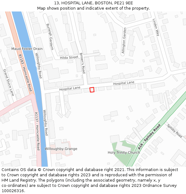 13, HOSPITAL LANE, BOSTON, PE21 9EE: Location map and indicative extent of plot