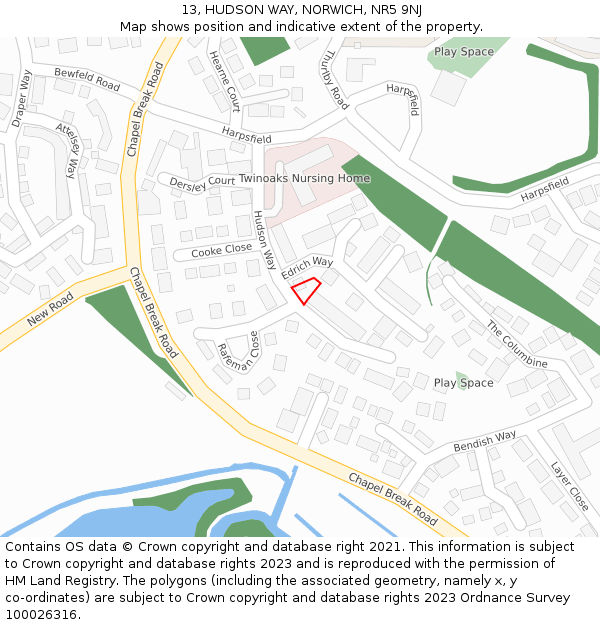 13, HUDSON WAY, NORWICH, NR5 9NJ: Location map and indicative extent of plot