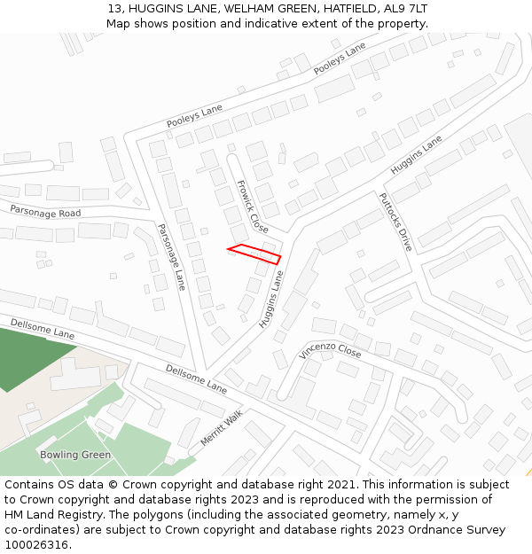 13, HUGGINS LANE, WELHAM GREEN, HATFIELD, AL9 7LT: Location map and indicative extent of plot
