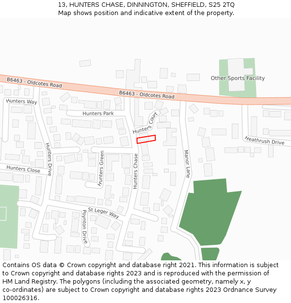 13, HUNTERS CHASE, DINNINGTON, SHEFFIELD, S25 2TQ: Location map and indicative extent of plot