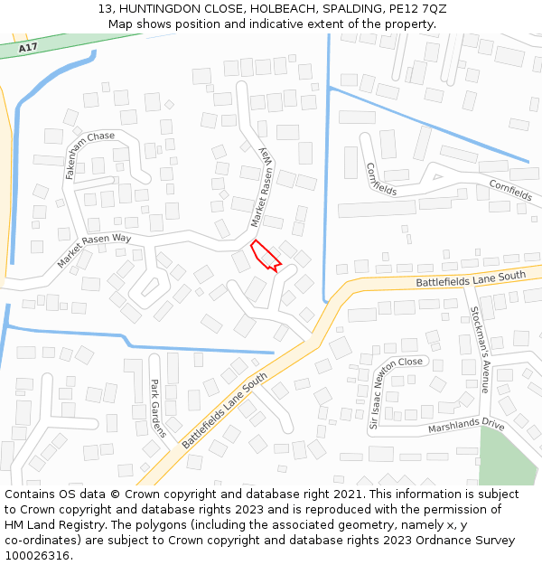 13, HUNTINGDON CLOSE, HOLBEACH, SPALDING, PE12 7QZ: Location map and indicative extent of plot