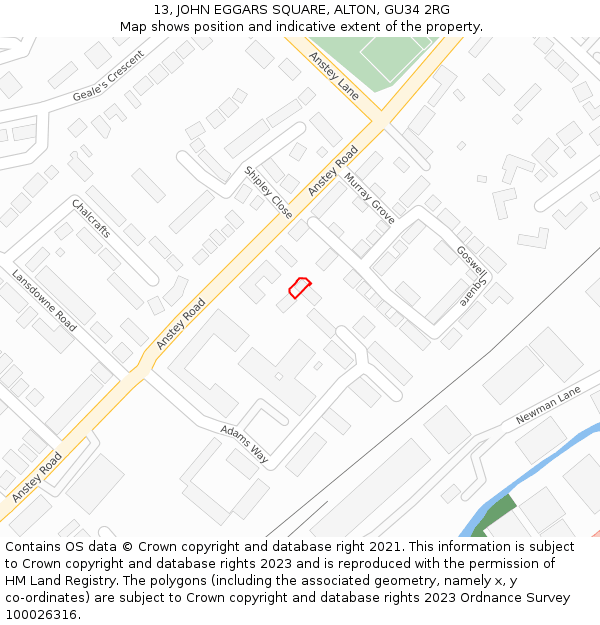 13, JOHN EGGARS SQUARE, ALTON, GU34 2RG: Location map and indicative extent of plot