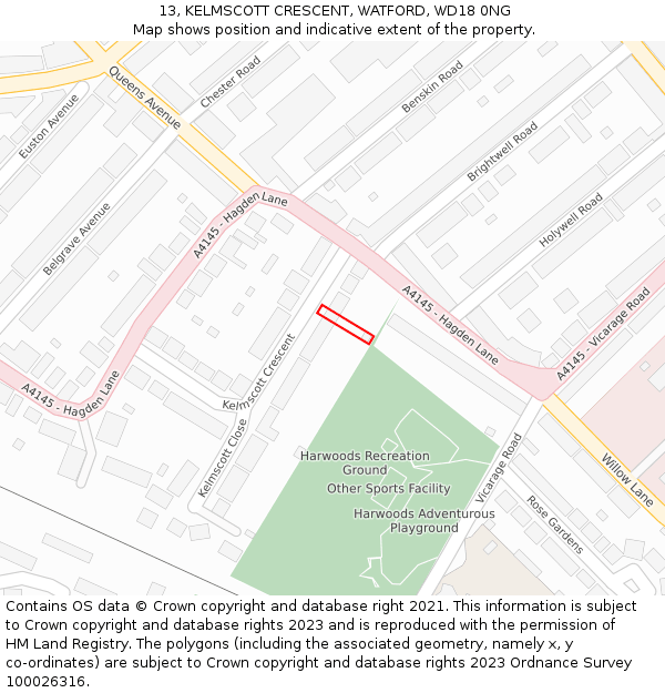 13, KELMSCOTT CRESCENT, WATFORD, WD18 0NG: Location map and indicative extent of plot