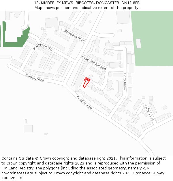 13, KIMBERLEY MEWS, BIRCOTES, DONCASTER, DN11 8FR: Location map and indicative extent of plot