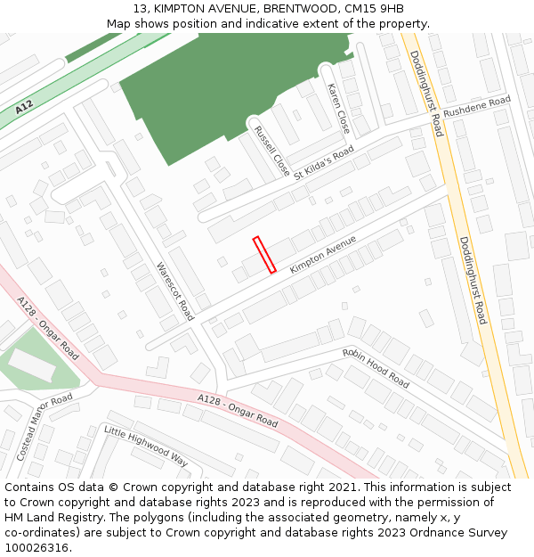 13, KIMPTON AVENUE, BRENTWOOD, CM15 9HB: Location map and indicative extent of plot