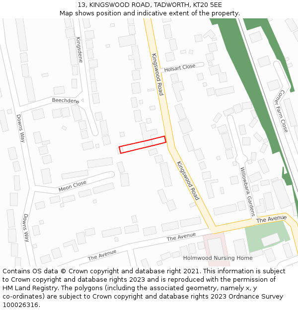 13, KINGSWOOD ROAD, TADWORTH, KT20 5EE: Location map and indicative extent of plot