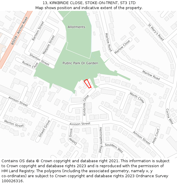 13, KIRKBRIDE CLOSE, STOKE-ON-TRENT, ST3 1TD: Location map and indicative extent of plot