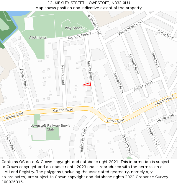 13, KIRKLEY STREET, LOWESTOFT, NR33 0LU: Location map and indicative extent of plot