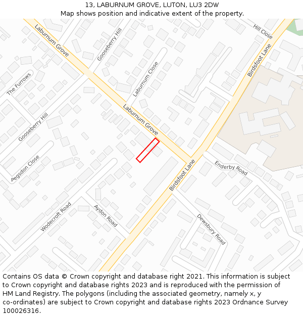 13, LABURNUM GROVE, LUTON, LU3 2DW: Location map and indicative extent of plot