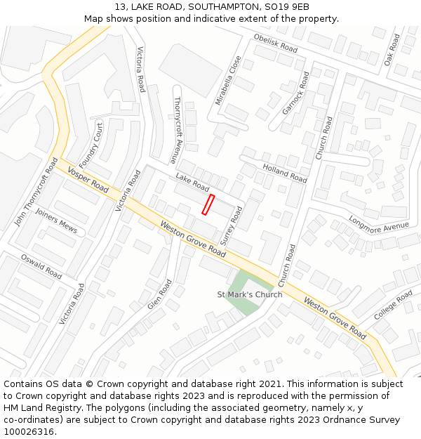 13, LAKE ROAD, SOUTHAMPTON, SO19 9EB: Location map and indicative extent of plot