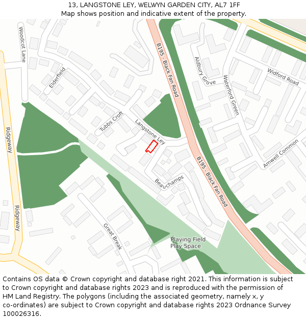 13, LANGSTONE LEY, WELWYN GARDEN CITY, AL7 1FF: Location map and indicative extent of plot