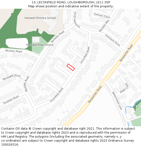 13, LECONFIELD ROAD, LOUGHBOROUGH, LE11 3SP: Location map and indicative extent of plot