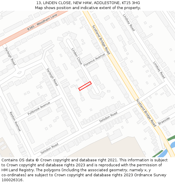 13, LINDEN CLOSE, NEW HAW, ADDLESTONE, KT15 3HG: Location map and indicative extent of plot
