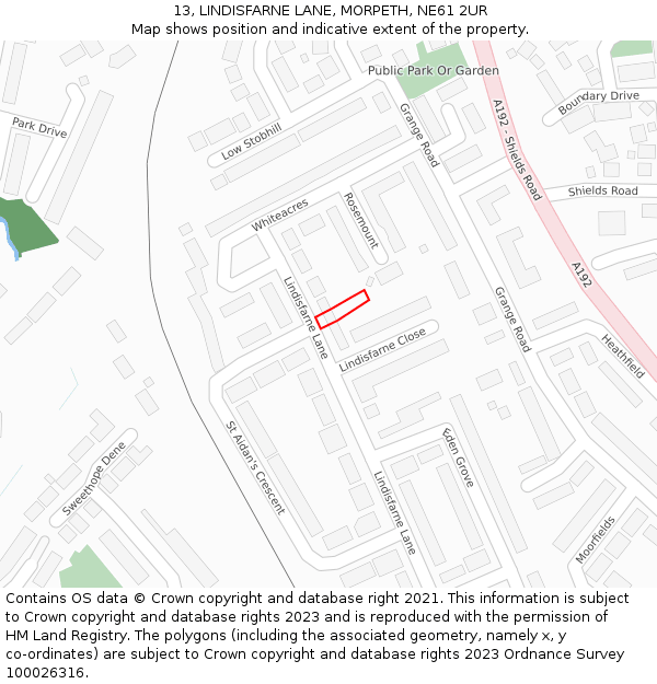 13, LINDISFARNE LANE, MORPETH, NE61 2UR: Location map and indicative extent of plot