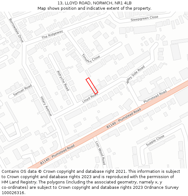 13, LLOYD ROAD, NORWICH, NR1 4LB: Location map and indicative extent of plot