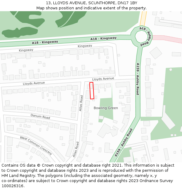 13, LLOYDS AVENUE, SCUNTHORPE, DN17 1BY: Location map and indicative extent of plot