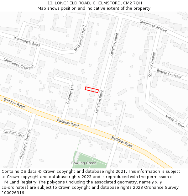 13, LONGFIELD ROAD, CHELMSFORD, CM2 7QH: Location map and indicative extent of plot