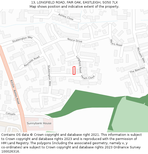 13, LONGFIELD ROAD, FAIR OAK, EASTLEIGH, SO50 7LX: Location map and indicative extent of plot