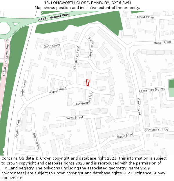 13, LONGWORTH CLOSE, BANBURY, OX16 3WN: Location map and indicative extent of plot