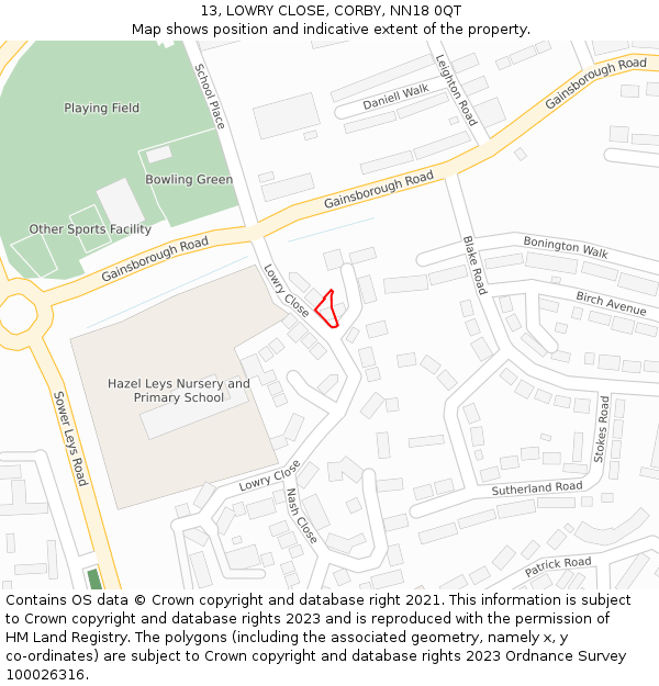 13, LOWRY CLOSE, CORBY, NN18 0QT: Location map and indicative extent of plot