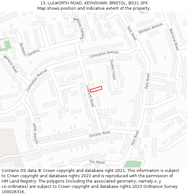 13, LULWORTH ROAD, KEYNSHAM, BRISTOL, BS31 2PX: Location map and indicative extent of plot