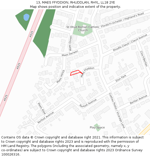 13, MAES FFYDDION, RHUDDLAN, RHYL, LL18 2YE: Location map and indicative extent of plot