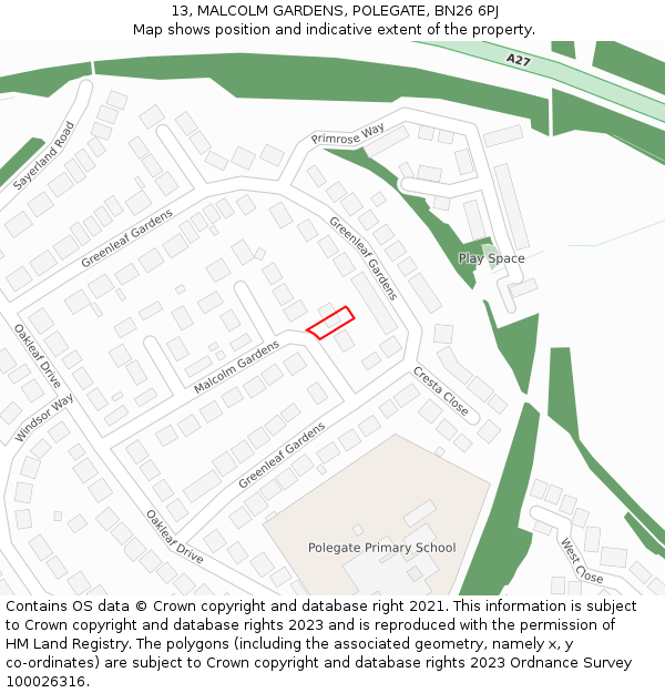 13, MALCOLM GARDENS, POLEGATE, BN26 6PJ: Location map and indicative extent of plot