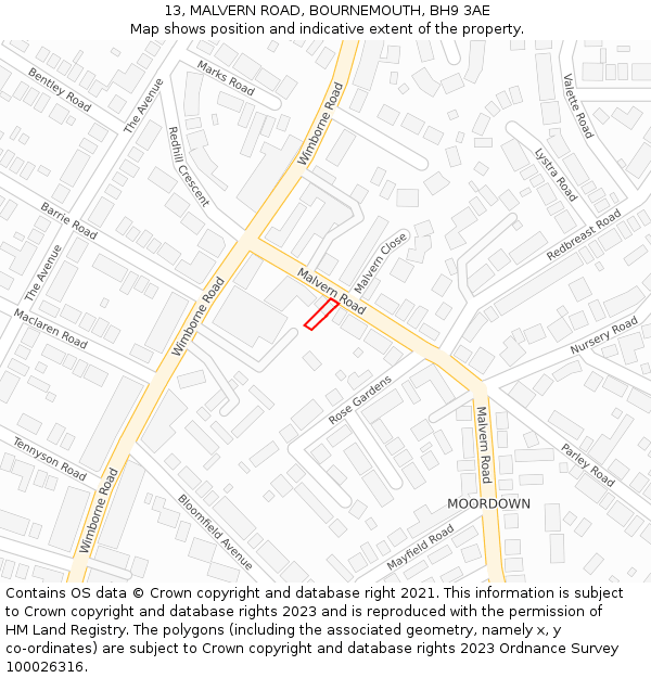 13, MALVERN ROAD, BOURNEMOUTH, BH9 3AE: Location map and indicative extent of plot