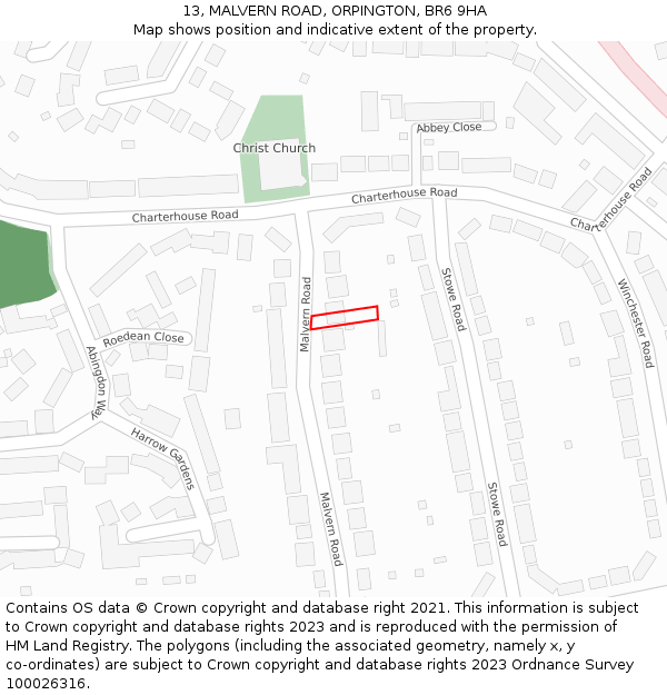 13, MALVERN ROAD, ORPINGTON, BR6 9HA: Location map and indicative extent of plot